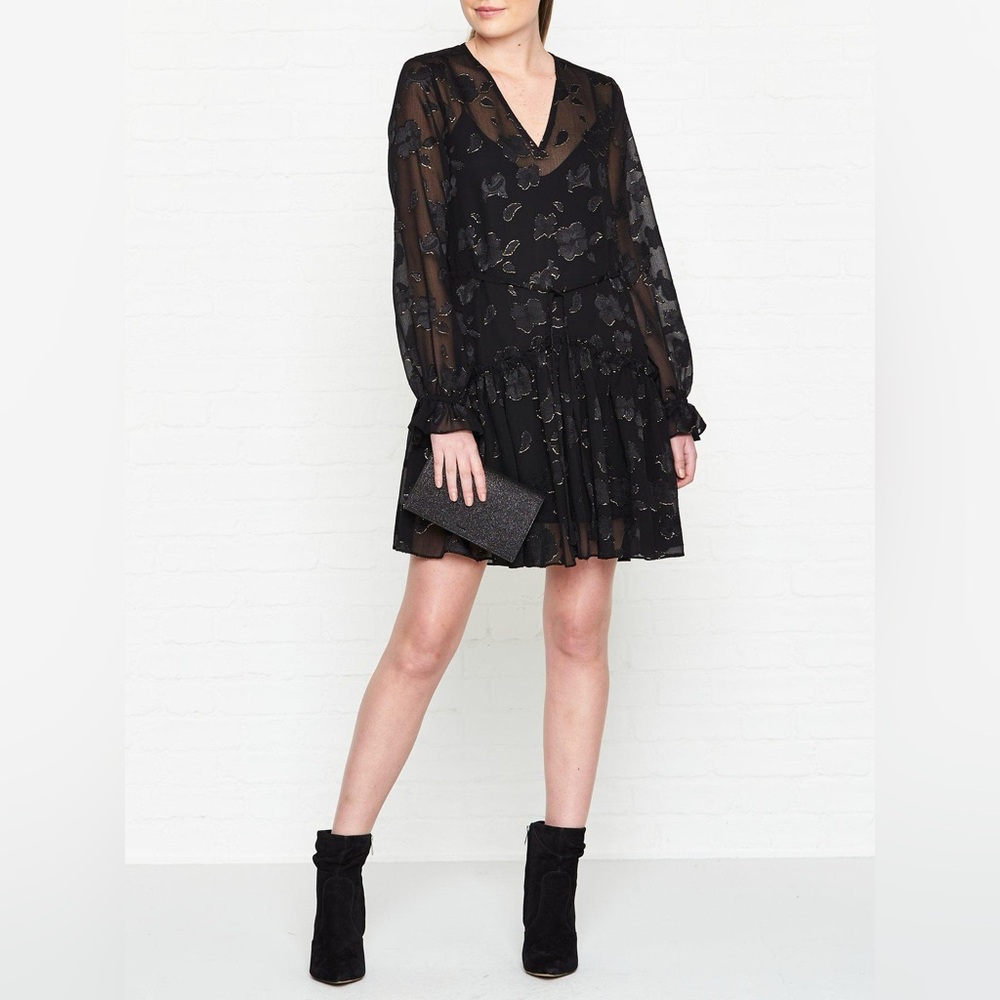 Allsaints Alia Floral Mini Dress Size M Black Floral Sheer Gold V Neck Waist Tie